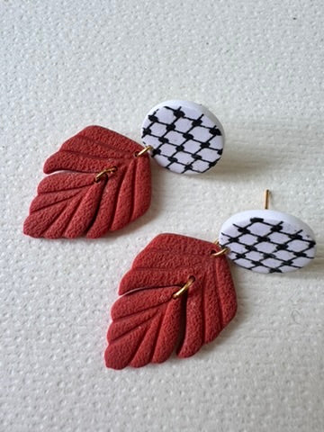 Leaf dangle earrings with keffiyah pattern BURNT CLAY