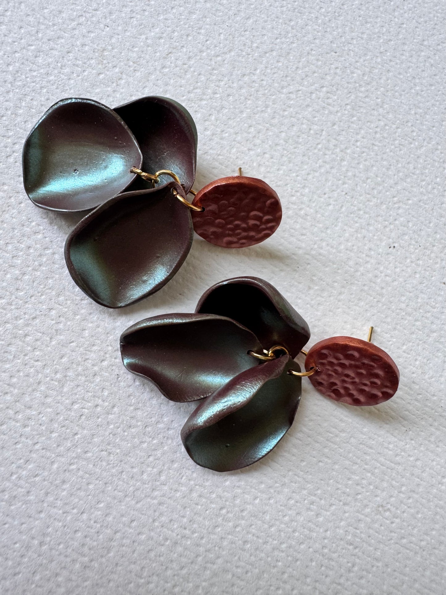 Bronze and green petal drop earrings