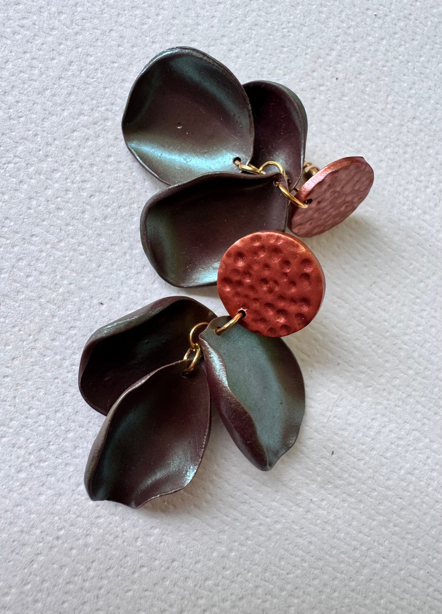 Bronze and green petal drop earrings