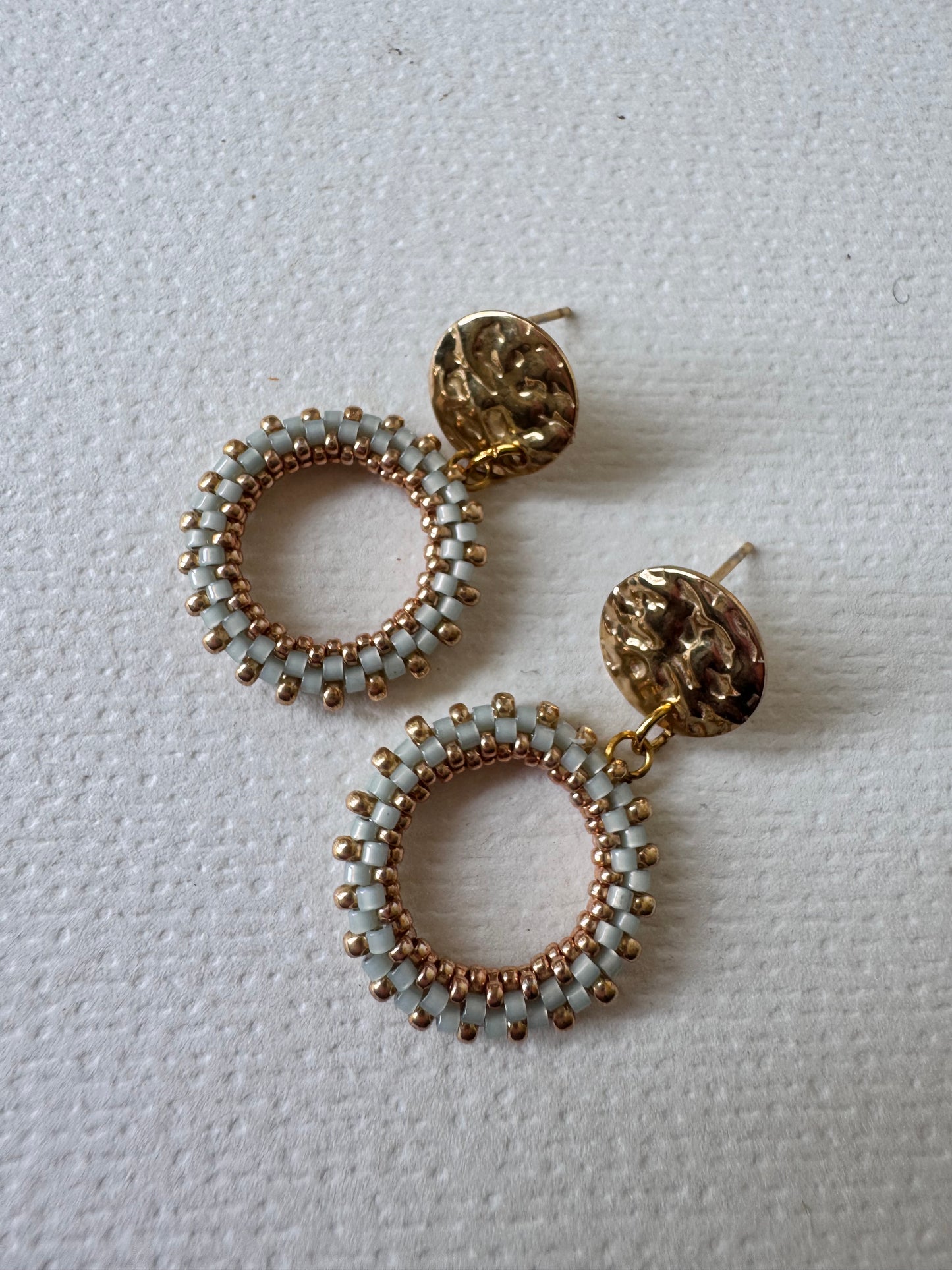 Beaded woven hoop earrings PALE GREEN
