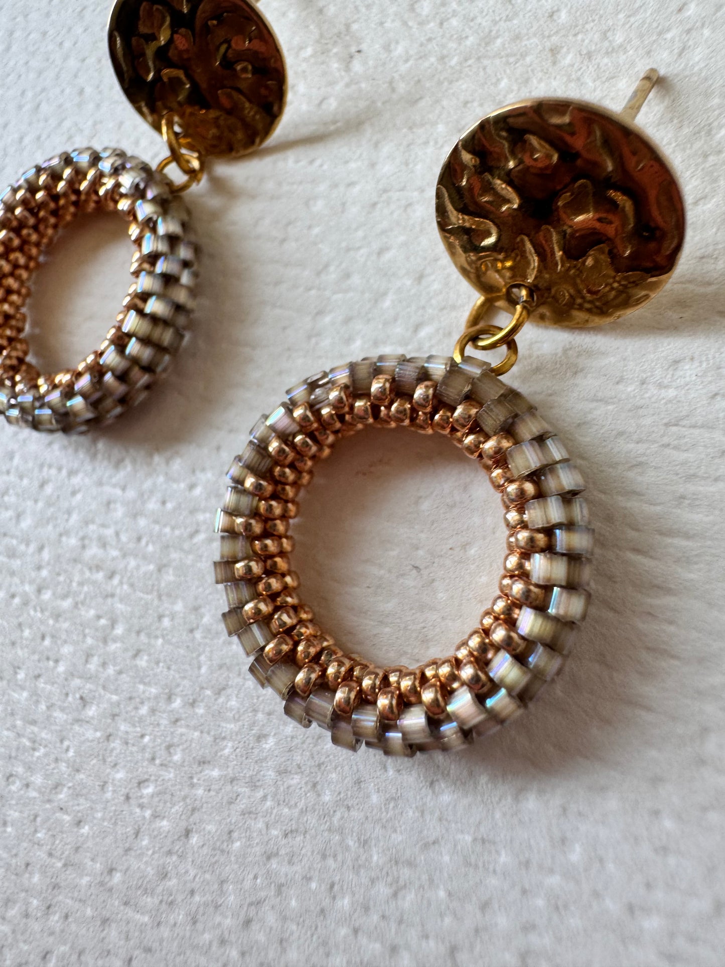 Beaded woven hoop earrings METALLIC GREEN
