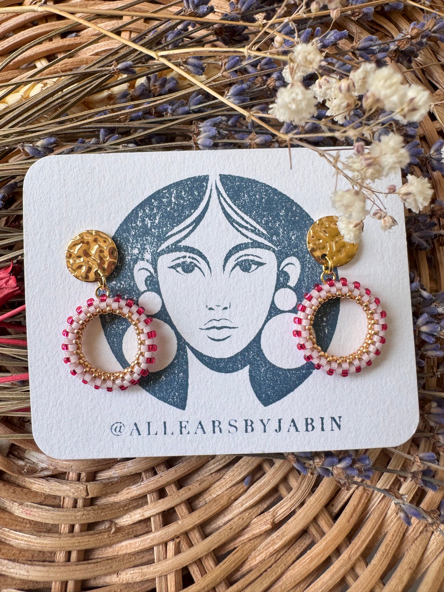 Beaded woven hoop earrings BERRY BLUSH