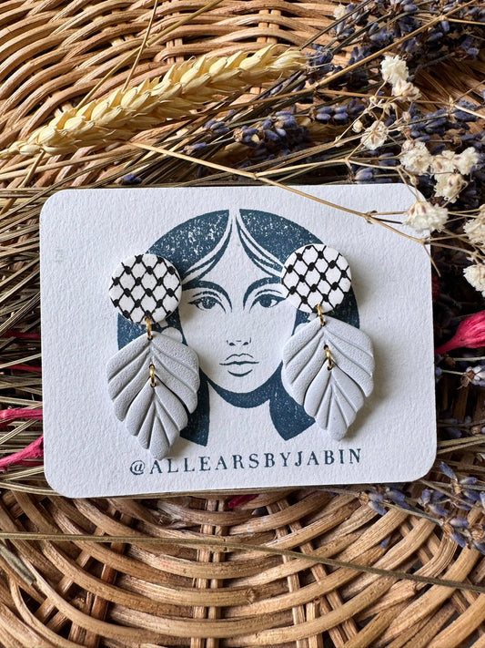 Leaf dangle earrings with keffiyah pattern GREY
