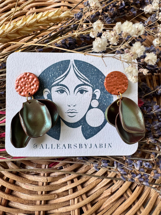 Bronze and green petal drop earrings