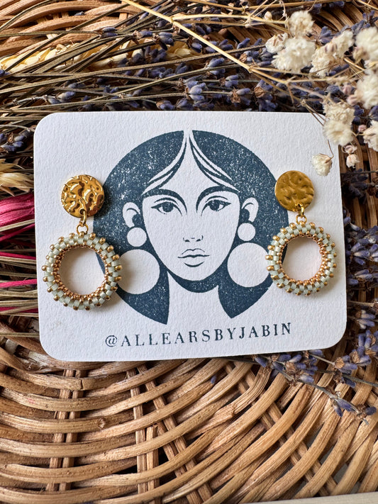 Beaded woven hoop earrings PALE GREEN