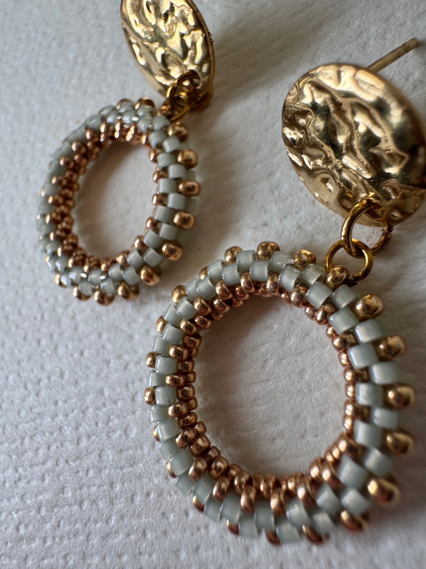Beaded woven hoop earrings PALE GREEN