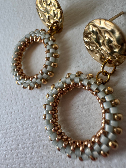 Beaded woven hoop earrings PALE GREEN