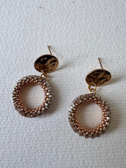 Beaded woven hoop earrings METALLIC GREEN